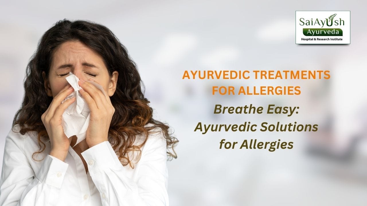 Woman holding tissue against nose, appearing to sneeze, with text 'Ayurvedic Treatments for Allergies' and 'Breathe Easy: Ayurvedic Solutions for Allergies' beside her, promoting natural rel