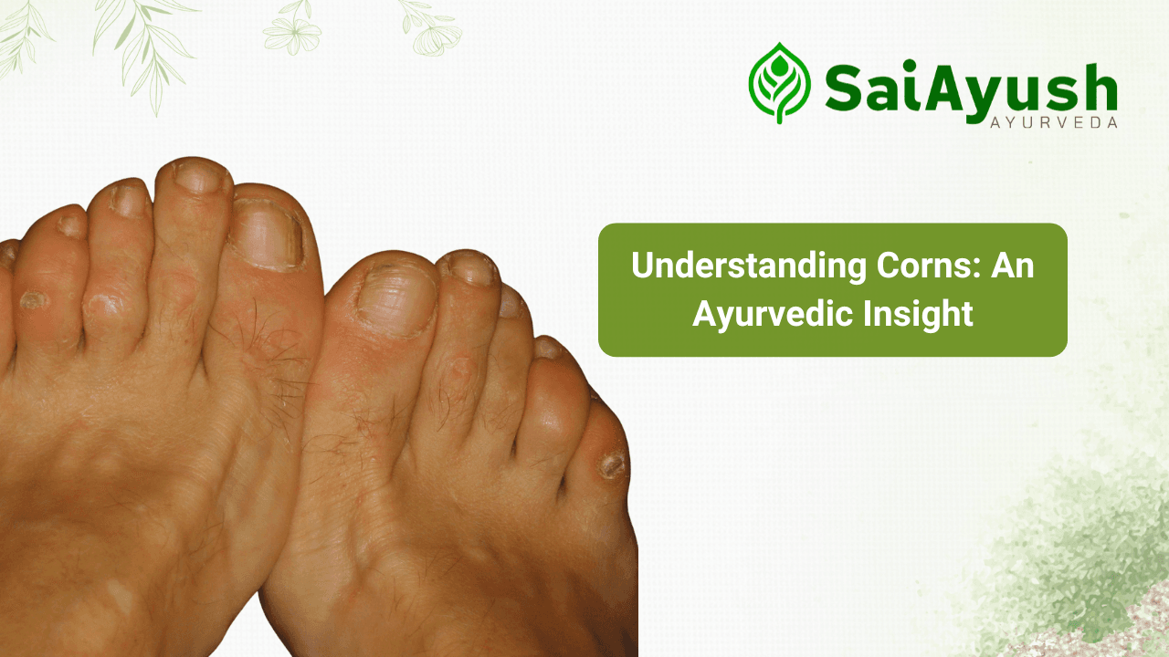 Close-up of feet with corns, accompanied by text 'Understanding Corns: An Ayurvedic Insight' and SaiAyush Ayurveda logo. Image relates to Ayurveda-based treatment and remedies for corns in 2025.