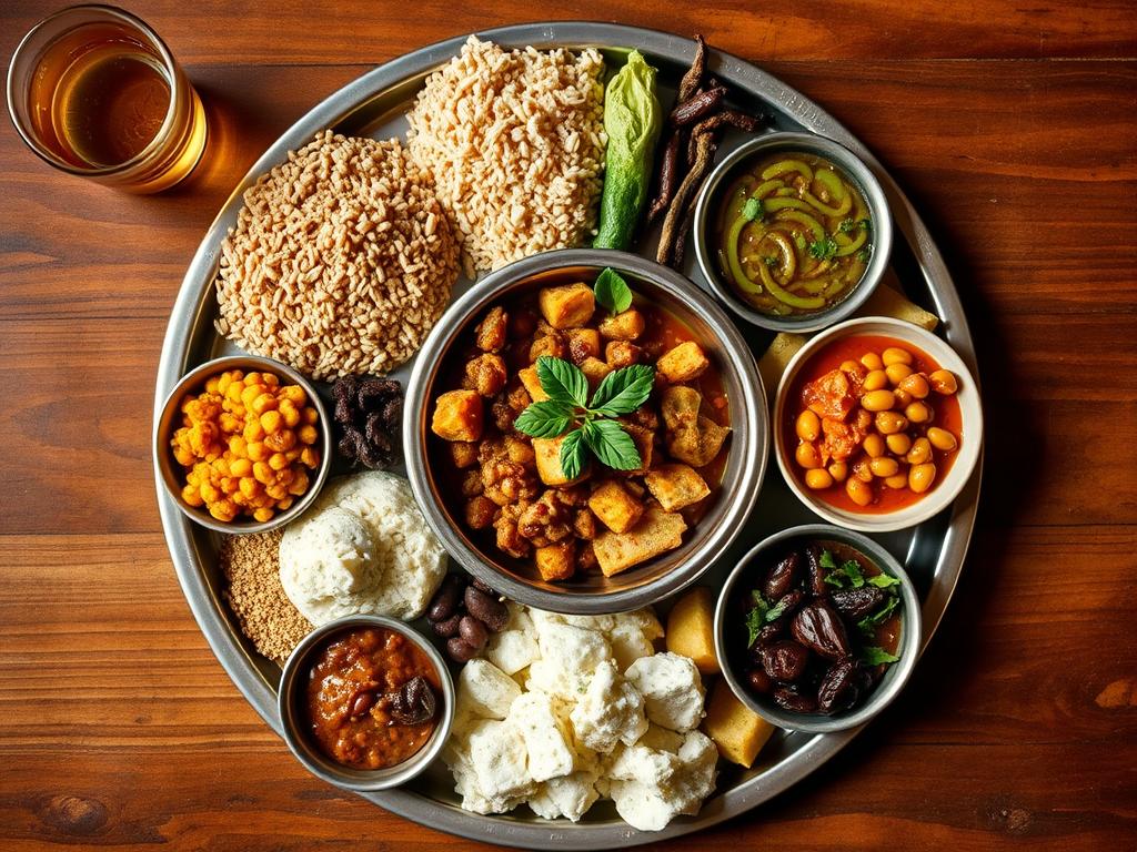 Ayurvedic meal with various dishes balanced for all doshas Ayurvedic meal with various dishes balanced for all doshas