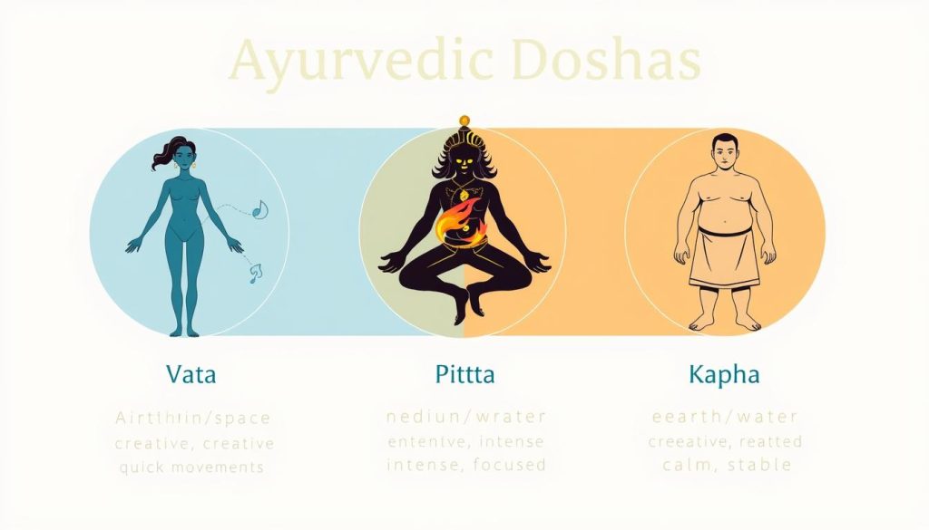 Illustration of the three doshas: Vata, Pitta, and Kapha with their characteristics Illustration of the three doshas: Vata, Pitta, and Kapha with their characteristics