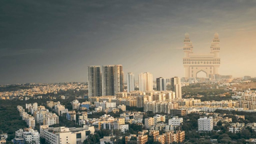Panoramic view of Hyderabad city with traditional and modern elements