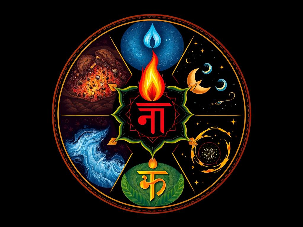 Visual representation of the five Ayurvedic elements: earth, water, fire, air, and ether Visual representation of the five Ayurvedic elements: earth, water, fire, air, and ether