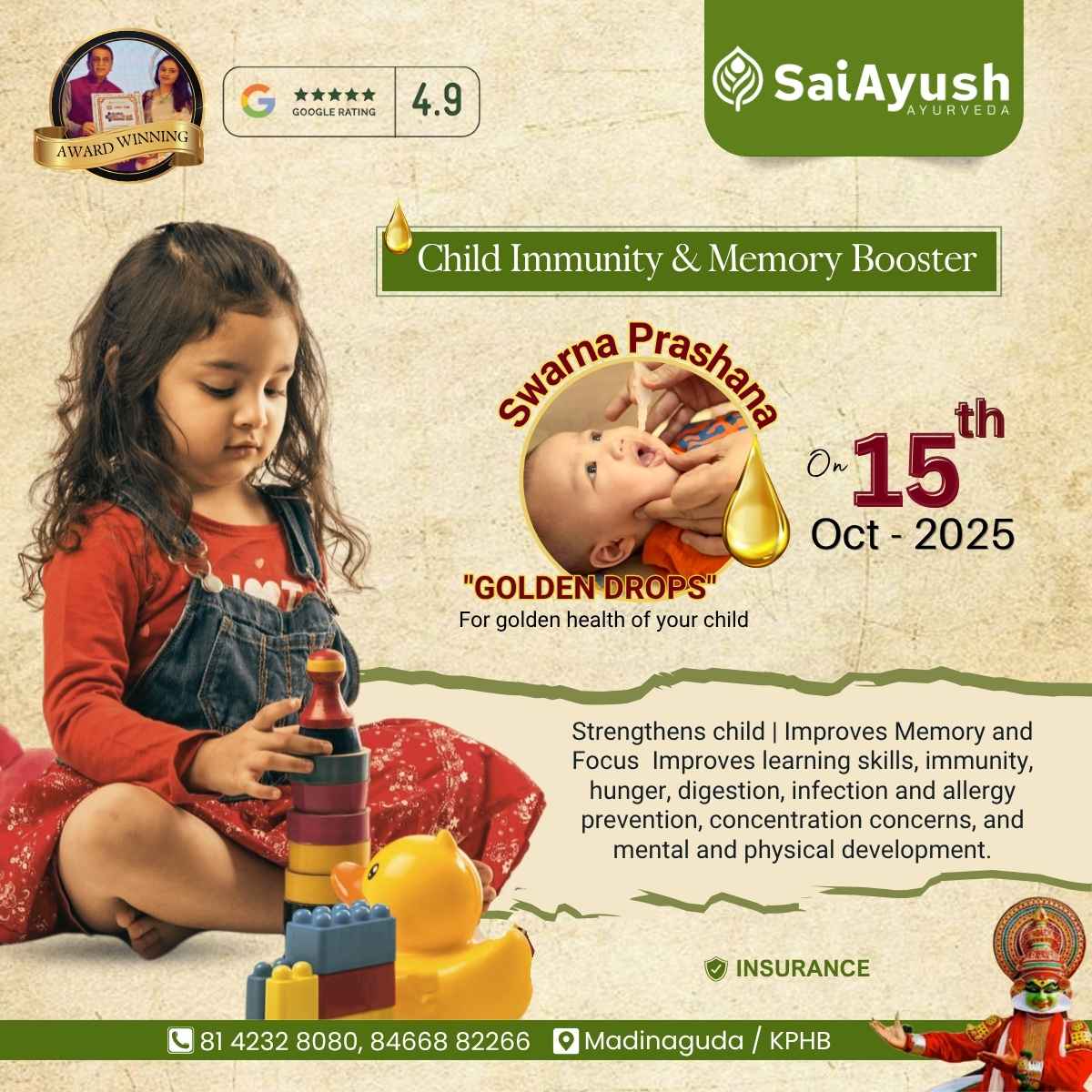 Promotional flyer for Swarna Prashana event in Hyderabad on October 15, 2025, depicting a young girl playing with toys, highlighting benefits for child immunity and wellness, with a 4.9 Google rating and contact information for SaiAyush Ayurveda.