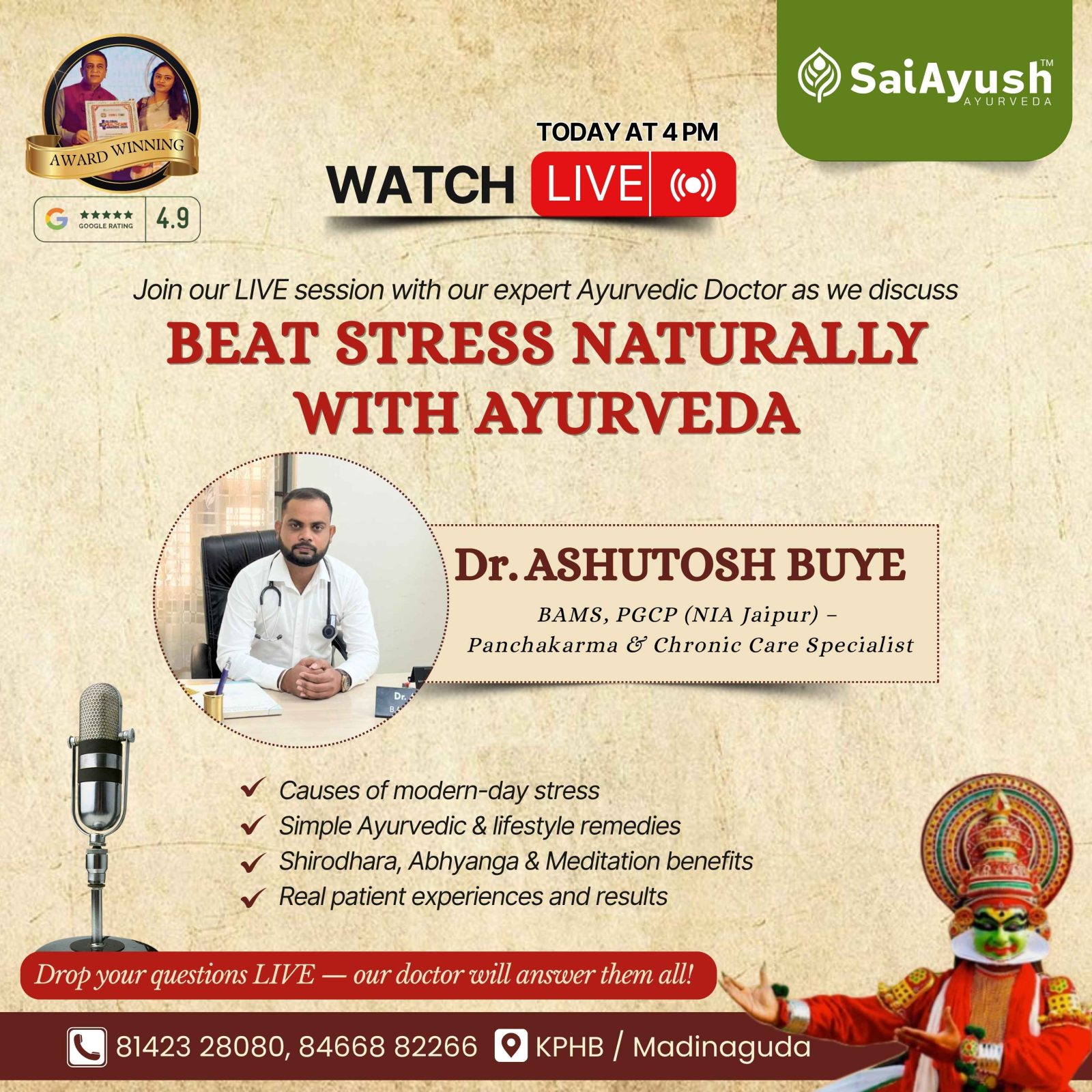 Beat Stress Naturally with Ayurveda | Live Session with Dr. Ashutosh Buye | Sai Ayush Ayurveda Hospital
